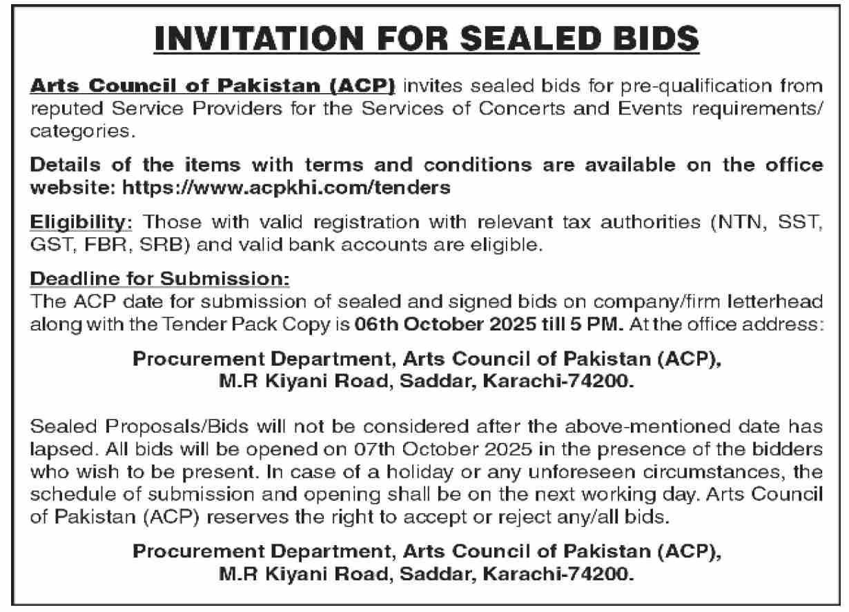Arts Council of Pakistan Tender Notice 1